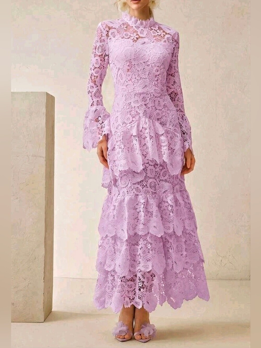 New Luxe Embroidered Sheer Floral Maxi Dress Long Sleeve Tiered Ruffle Purple